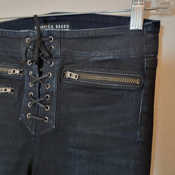 Veronica Beard Jeans Denim Sz 27 Lita 10" Moto Lace Up Made in USA Skinny Dark - Picture 7 of 13